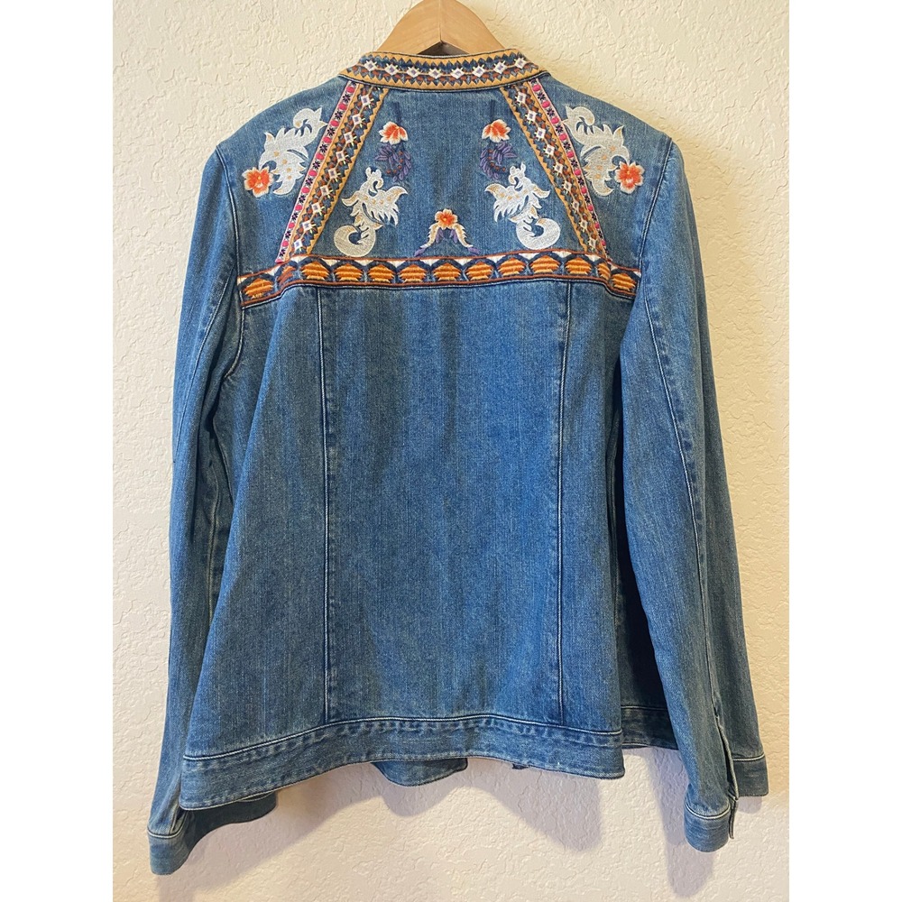 Chico's Denim Jacket Size 2 Large Embroidered Blue‎ Boho Western Open Festival - Picture 3 of 9